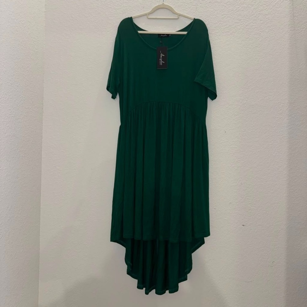 Amzplus Womens Plus Size 4XL Short Sleeve High Low Casual Tunic Dress Dark Green
